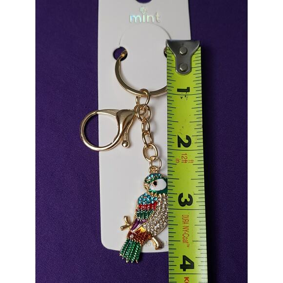 Mint Multicolor Parrot Bird Rhinestone Purse Charm Key Ring Chain Gold Tone New - Picture 4 of 4